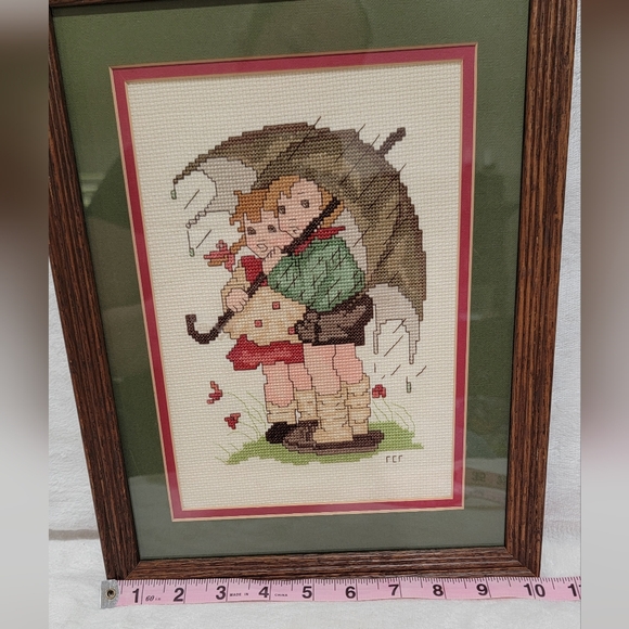 Vintage 1985 Stormy Weather Boy And Girl Cross Stitch Framed   10”X 13” - Picture 4 of 5
